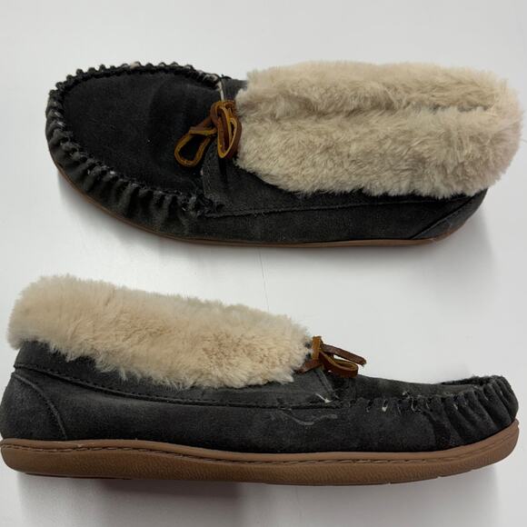 Minnetonka Loafers Womens 8 Grey Pile Lined Slip On Leather Moccasins - Picture 1 of 8